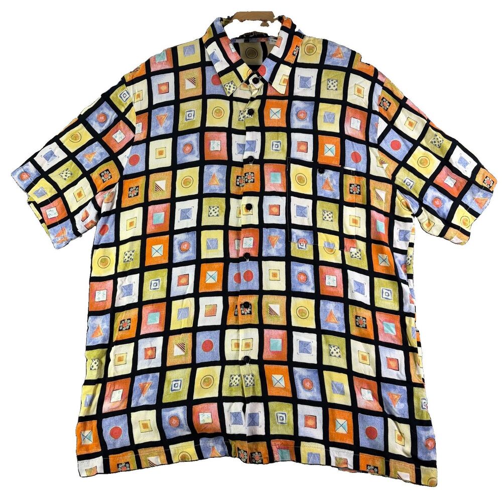 Vintage Alan Stuart Button Up Shirt Mens Large Geometric Print Short Sleeve 90s